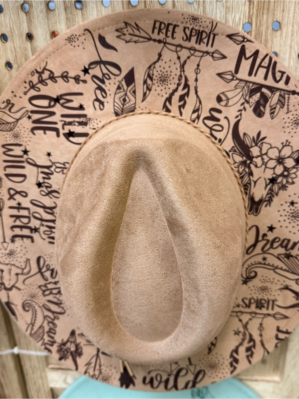 Boho Graphic Wide Brim Suede-Look Hat in Light Tan